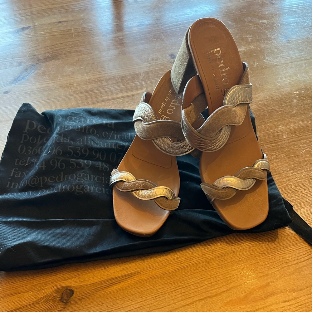 Pedro Garcia Metallic Taupe Braided Strap Sandals
